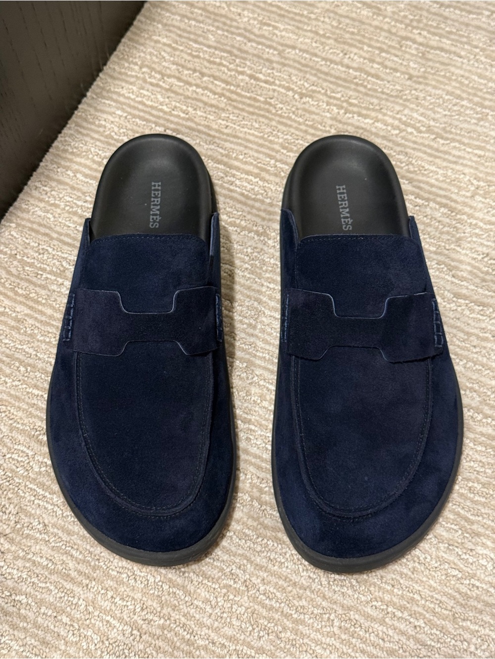 Hermes Men’s Navy Blue Suede Go Mules Size 11 US / 44 EU